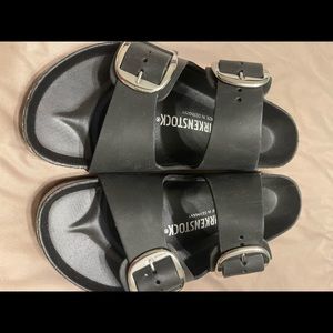 Birkenstock big buckle leather slide on black. Never worn.
